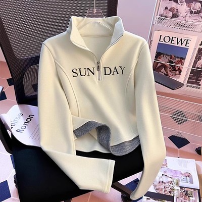 加厚百搭立领半拉链长袖打底衫女秋冬小个子短款卫衣假两件上衣潮