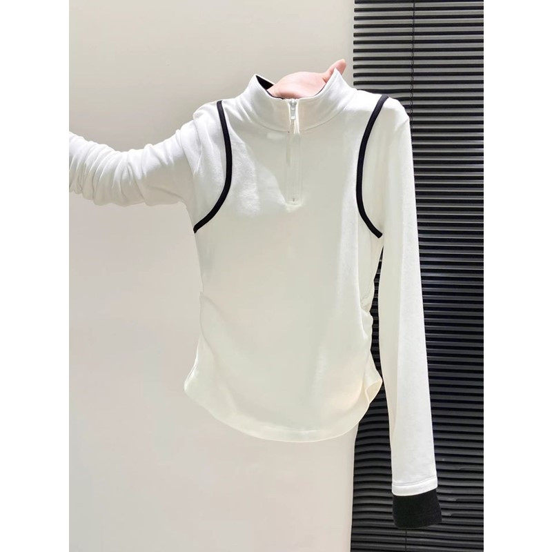 酷辣磨毛立领半拉链修身长袖t恤女街头撞色褶皱收腰短上衣打底衫