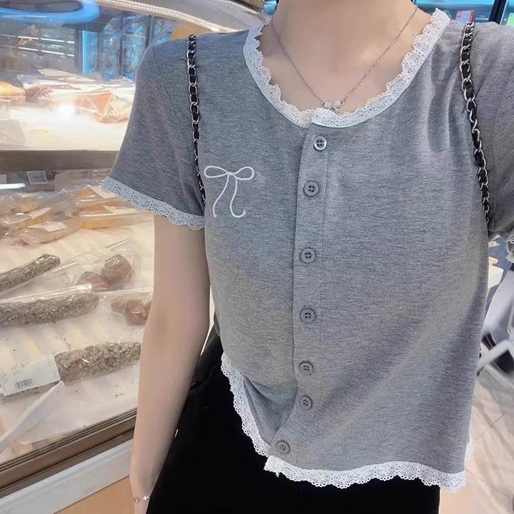简约蕾丝拼接短袖T恤开衫2025夏季新款简约小清新U领显瘦上衣女装