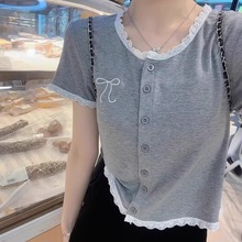 简约蕾丝拼接短袖T恤开衫2025夏季新款简约小清新U领显瘦上衣女装