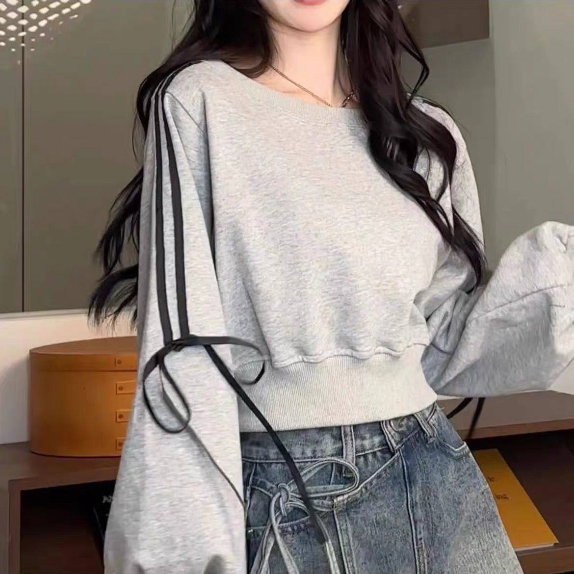 韩系慵懒风条纹蝴蝶结无帽卫衣女2024年秋季新款宽松上衣早秋高级
