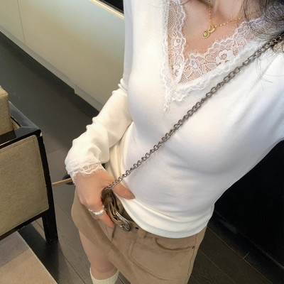 蕾丝花边白色V领内搭打底衫女2025新款小个子高级感薄款长袖上衣