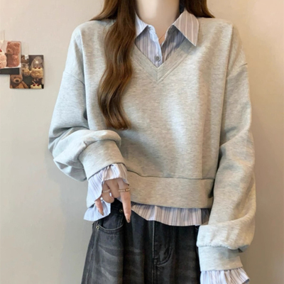 藏蓝色polo领假两件卫衣女早秋大码胖mm显瘦高级感学院风长袖上衣