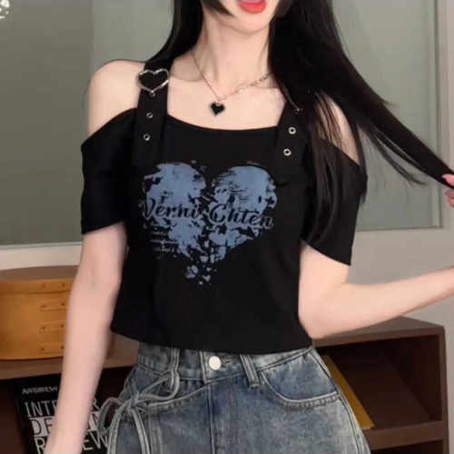 挂脖休闲遮肉显瘦棉女短袖印花