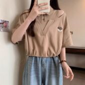 胖mm短款 大码 正肩抽绳上衣 t恤女2025夏新款 假两件Polo领露肩短袖