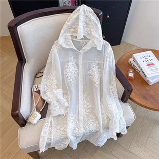 微透上衣外搭罩衫 白色蕾丝绣花连帽防晒衬衫 胖mm中长款 大码 女夏装