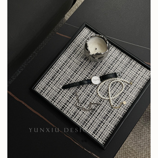 云岫家居 中古格纹黑色托盘小香风香薰收拾收纳盘 简约木质托盘