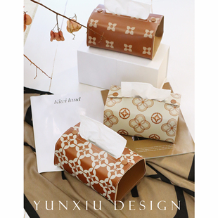 中古幸运草系列棕色纸巾盒 马鞍皮摩卡棕中古图案餐厅纸巾收纳盒