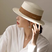 高档平顶草帽女士春夏季 轻奢草编礼帽出游度假帽子防紫外线防晒帽