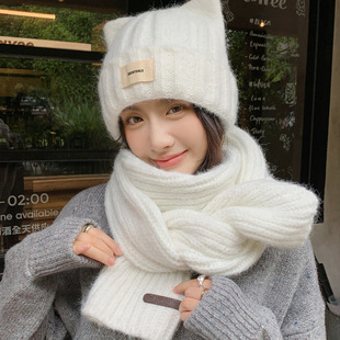 2025冬天可爱小猫耳毛线帽子女款百搭针织毛线帽加绒保暖围巾套装