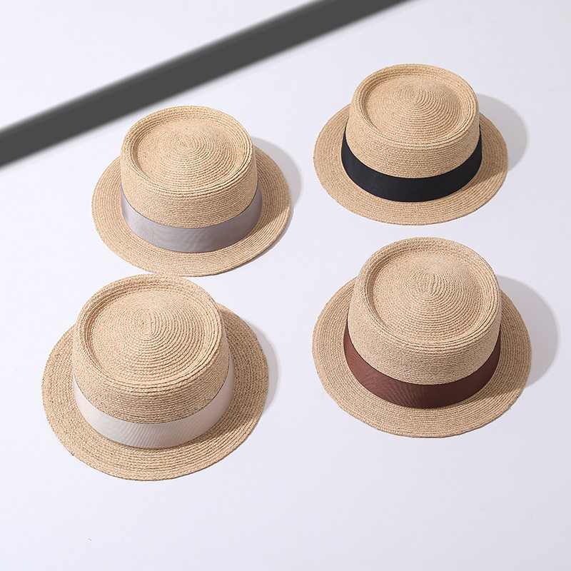 新款法式简约凹顶平沿草帽透气遮阳拉菲草海边出游帽子女士防晒帽