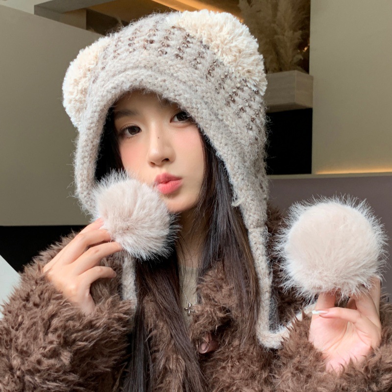 2025秋冬季户外流苏毛线帽子女士文艺甜美可爱护耳包头耳朵针织帽