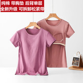 带胸垫纯棉短袖 打底 睡衣后背单层女夏圆领自带罩杯内衣文胸一体式