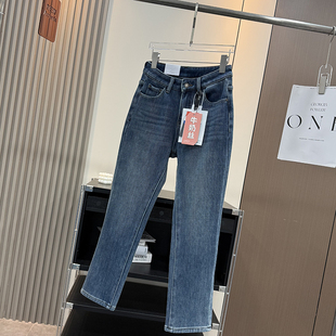 烟管裤 加绒保暖直筒九分法棍牛仔裤 女 四面弹高腰修身 小个子bi入