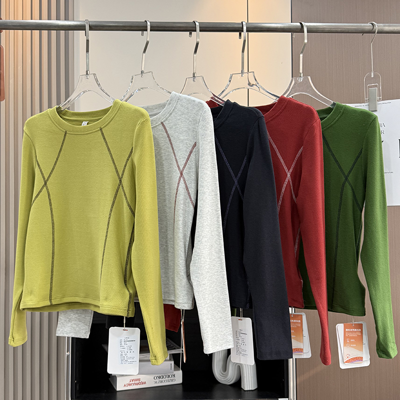 大厂订单！秋冬山系拼色哈苏线撞色磨毛长袖T恤打底衫保暖上衣女