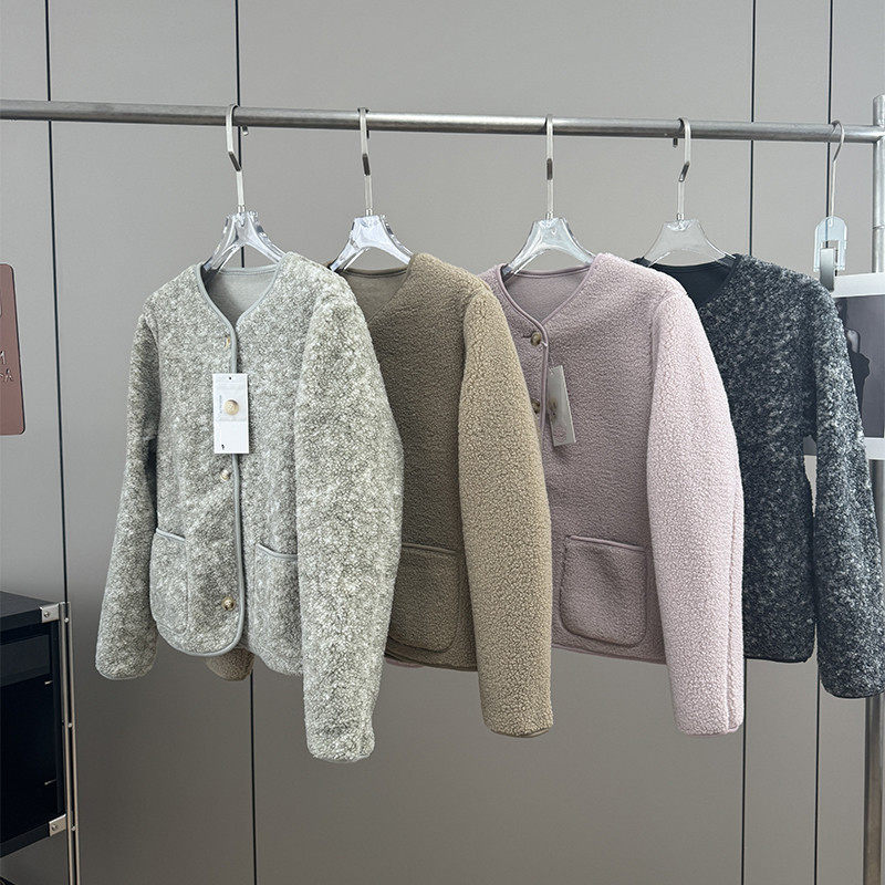 羊羔绒摇粒绒圆领毛绒开衫外套女