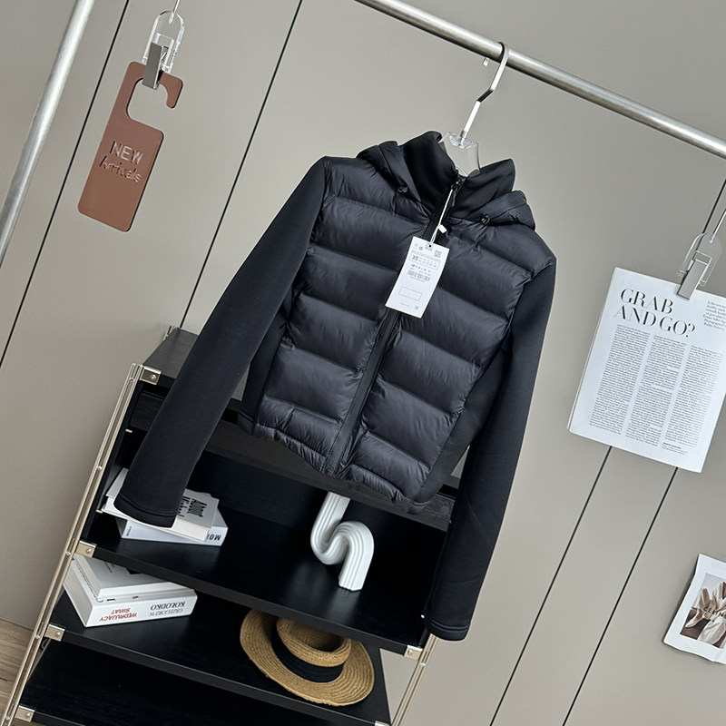 西班牙D~秋冬款修身压条设计拼接保暖连帽棉衣棉服夹克外套女上衣