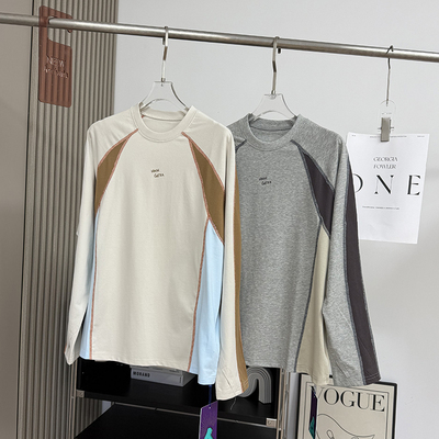 户外山系！美式复古宽松撞色拼接插肩袖速干长袖T恤打底衫上衣女