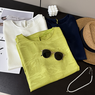 新中式！醋酸弹力垂坠感透气锦绣山河花色提花圆领开衩短袖上衣女