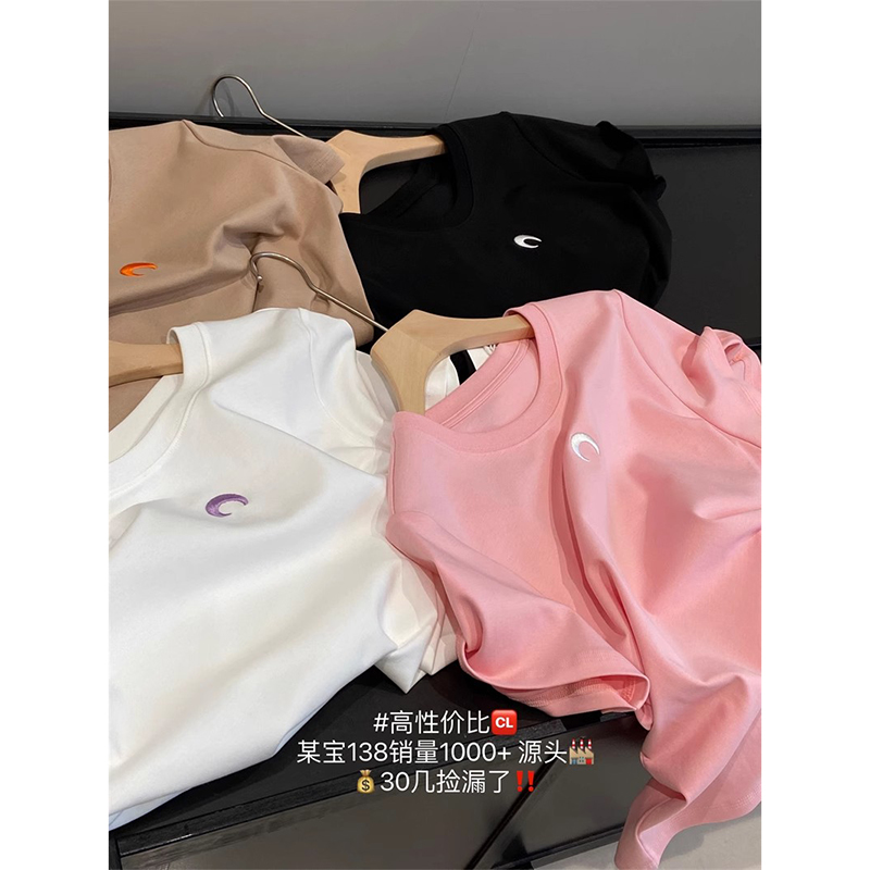 南油高端工厂！新疆长绒棉月亮刺绣丝滑百搭圆领短袖T恤女上衣夏