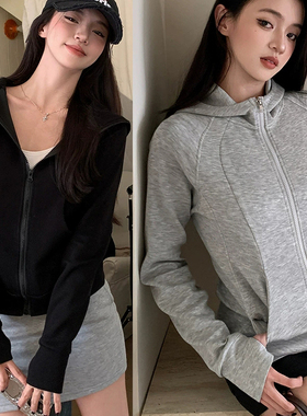 LU家同款！春季新品简约收腰显瘦百搭空气层连帽卫衣开衫外套女