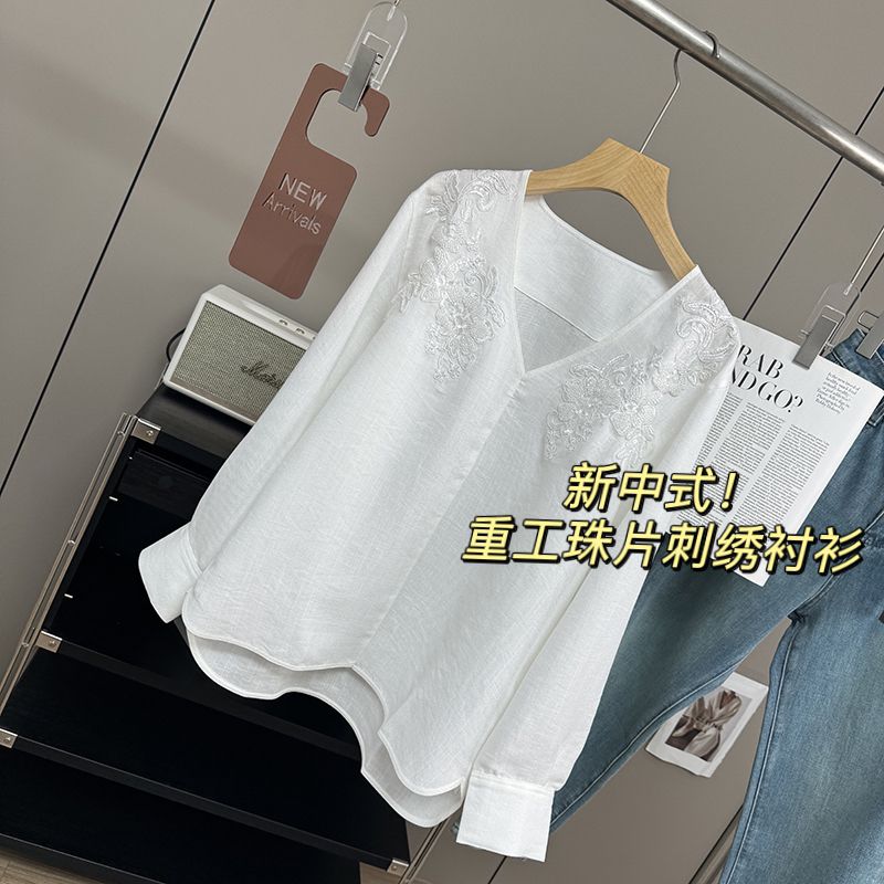 精至觉美!新中式国风重工刺绣珠V领长袖衬衫防晒上衣小衫女春季