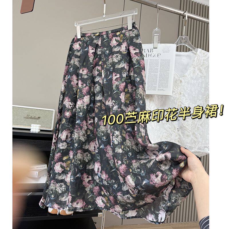 法式摇曳! 100支高支苎麻蓬松轻盈柔韧松紧腰蔷薇花半身裙女春夏