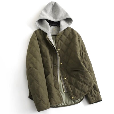 西班牙D~冬季新品宽松可拆卸连帽菱形格绗缝长袖棉衣棉服外套女