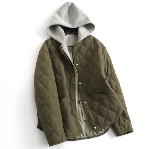 西班牙D~冬季新品宽松可拆卸连帽菱形格绗缝长袖棉衣棉服外套女