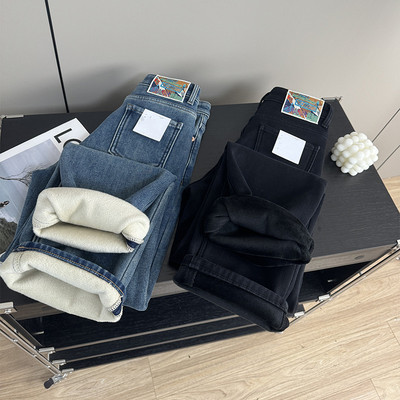 四面弹加绒窄版直筒阔腿牛仔裤女