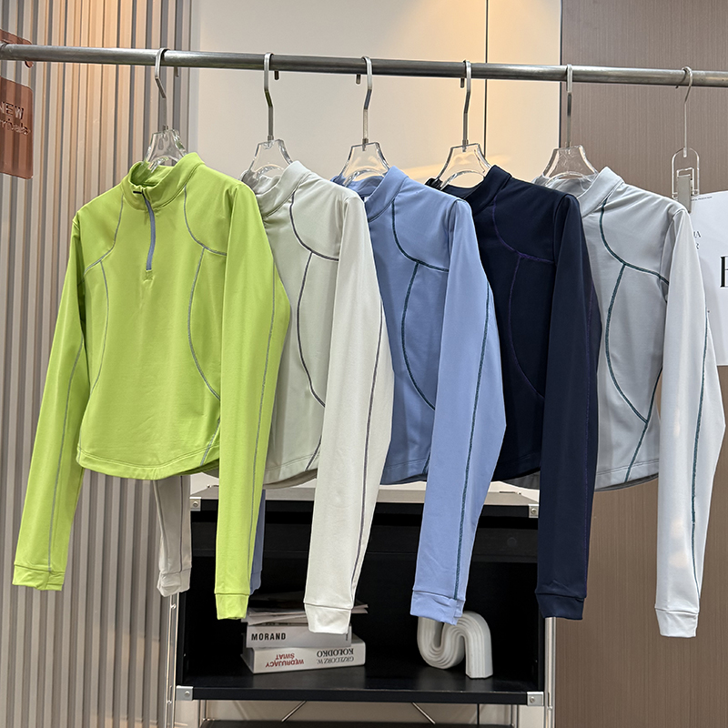 户外山系！拼色哈苏线半拉链长袖T恤修身显瘦速干运动打底上衣女