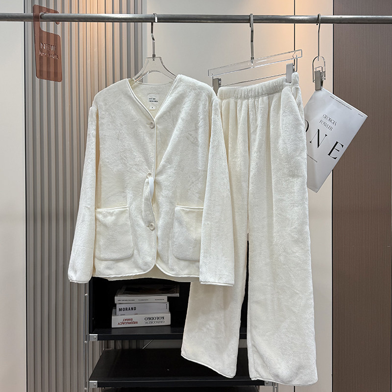 木巨6600+轻奢奶呼呼无领双面绒保暖开衫家居服睡衣可外穿套装女