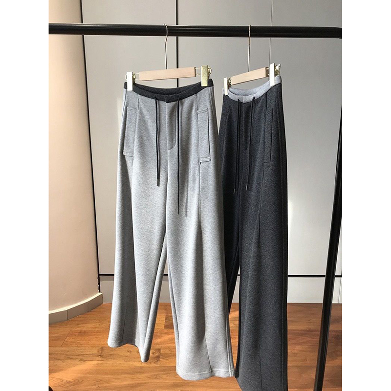 版型苣赞！撞色腰头高腰抽绳醋酸绵羊毛直筒阔腿裤加厚毛呢裤女冬