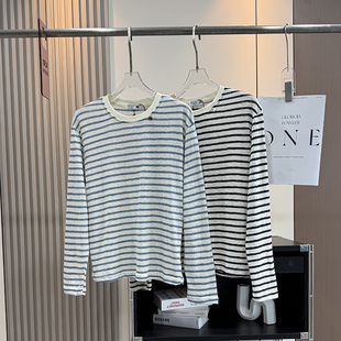 复古航海条纹T！客观面料百搭慵懒范麻感棉条纹长袖T恤打底衫女秋