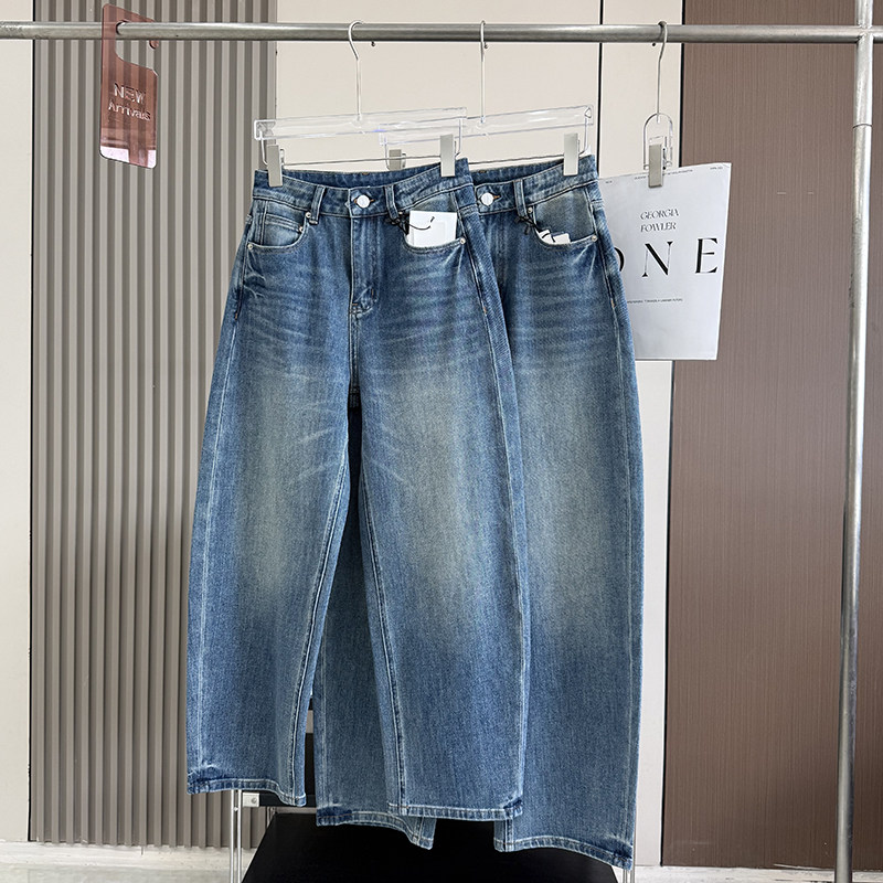 梨形身材入！四面弹高腰显瘦亮丝重工水洗小个子弯刀裤牛仔裤女秋