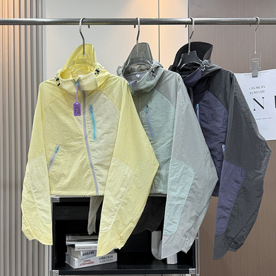 户外山系！机能风透气防泼水撞色拼接连帽防晒服短款防晒衣女春夏