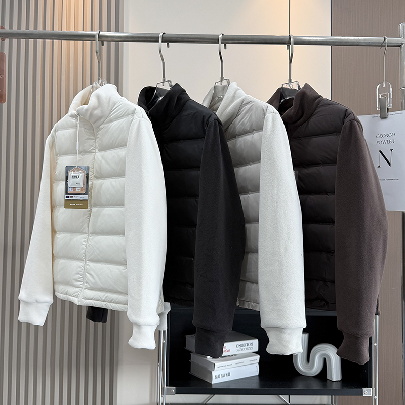 LU系风！白鸭绒轻薄羽绒服立领拼接摇粒绒外套保暖冲锋衣内胆女冬