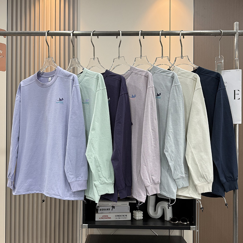 大厂订单！男女同款宽松户外山系印花下摆抽绳速干透气长袖T恤衫