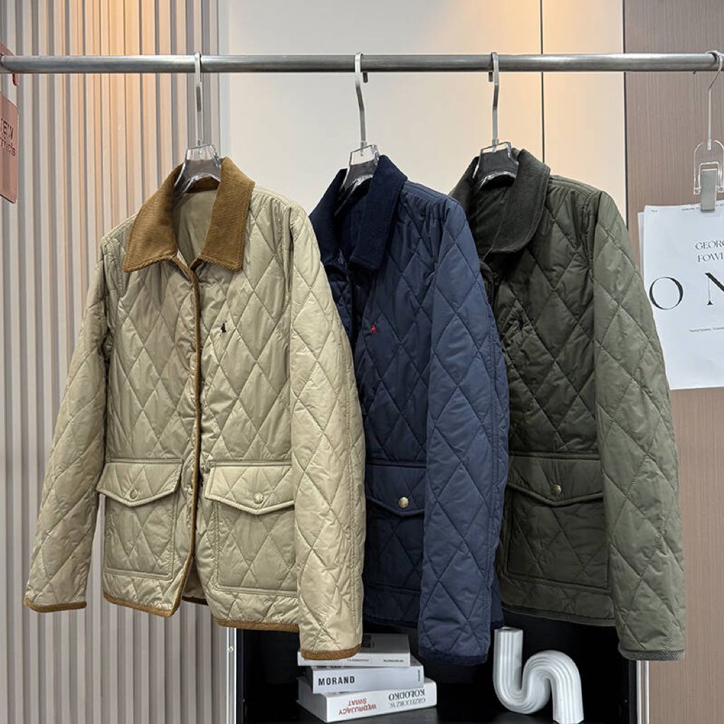 大厂订单!秋冬款老钱风刺绣绣菱格棉服灯芯绒翻领轻薄棉衣外套女