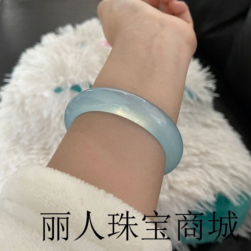 高端冰种海蓝宝正装手镯宽版原石打磨蓝水晶镯子女款玻璃种翡翠镯