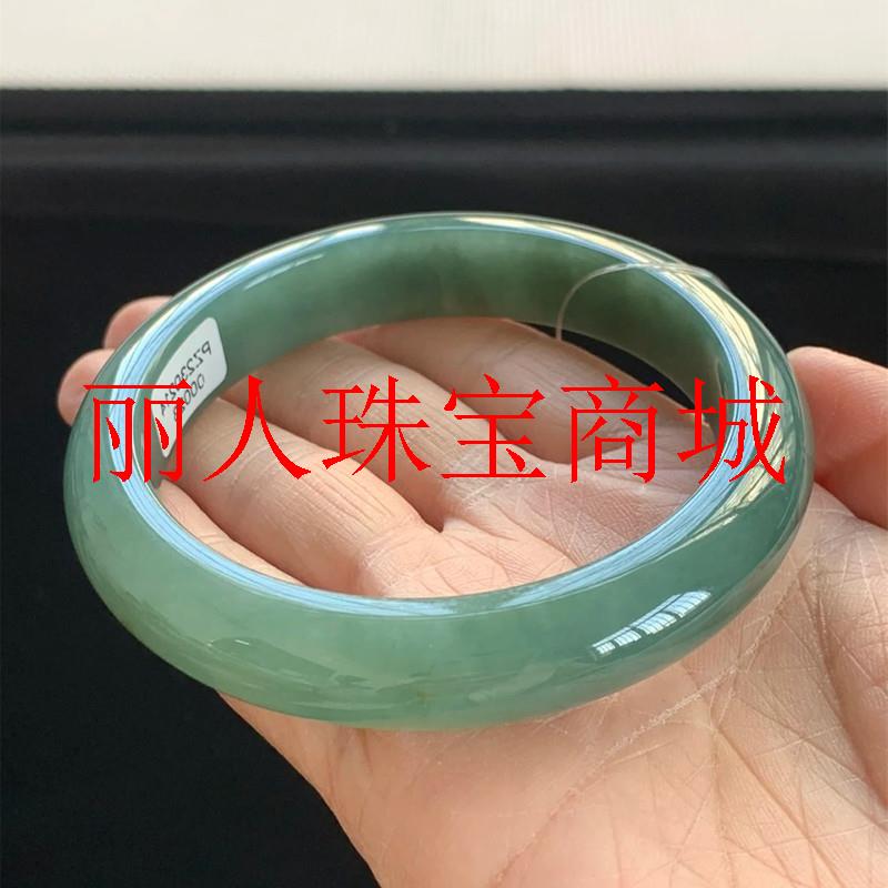 高端缅甸老坑翡翠色手镯冰糯种油青飘花正圈玉手镯豆种晴水玉镯子