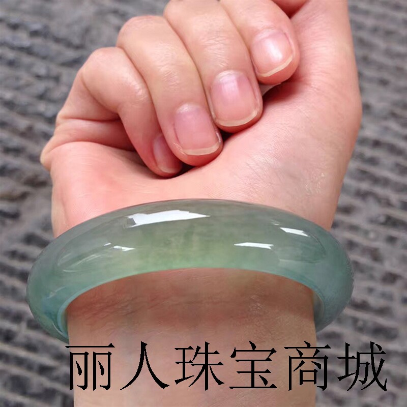 飘花翡翠手镯女生正圈蓝色油青玉镯子料冰种玉石手环高端女款送礼