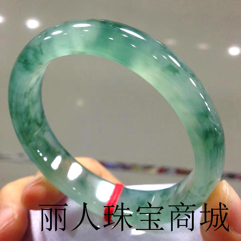 缅甸老坑冰种飘花翡翠色手镯飘绿花正圈玉镯少女款旺夫通透贵妃镯