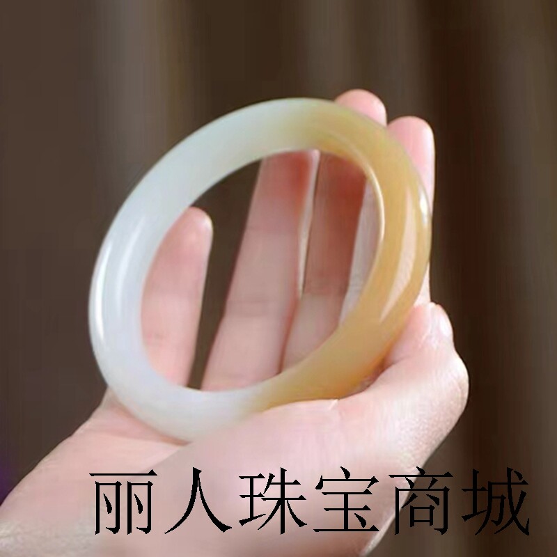 天然和田玉糖玉圆条手镯羊脂白玉镯子胖圆条镯子女款半糖半白手环