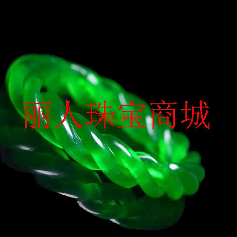 精品缅甸老坑满绿翡翠色高冰透雕刻麻花玉手镯扭丝转运玉镯子女款
