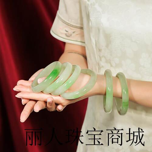 新疆和田玉色青海翠青老料质地冰透水润翠色葱翠欲滴女款手镯百搭