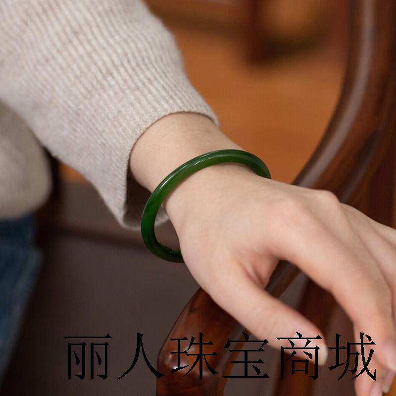 纯天然俄罗斯老矿和田碧玉圆条手镯菠菜绿玉镯子叮当羊脂玉无黑点