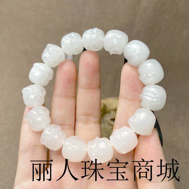 新疆和田玉白玉佛头手串羊脂玉男女款佛公玉石手链转运珠佛珠手串