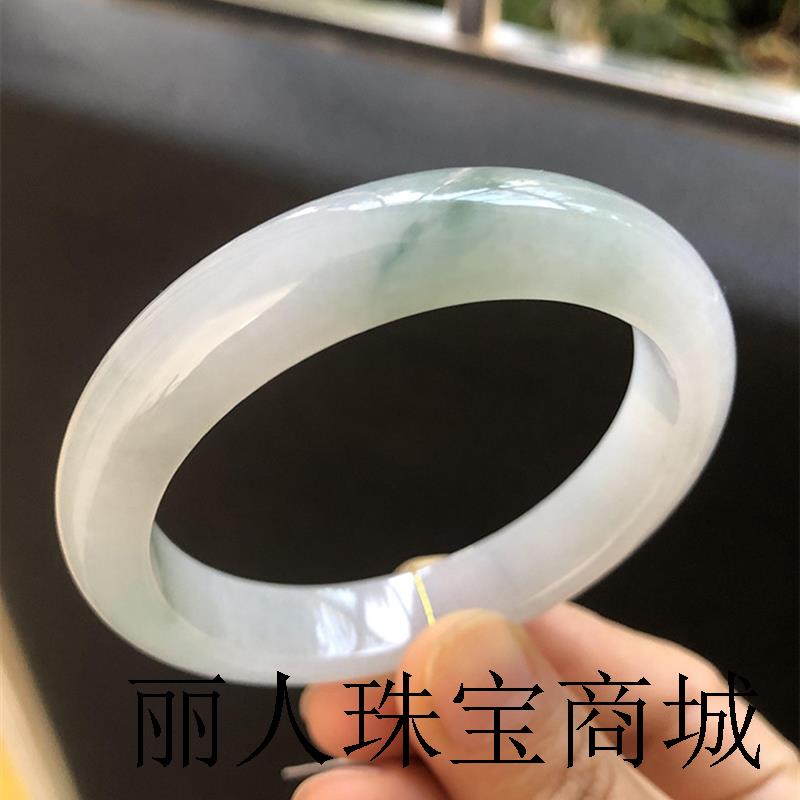 缅甸翡翠色玉手镯冰糯种白底青原石手镯冰飘花晴底玉细条少女款玉