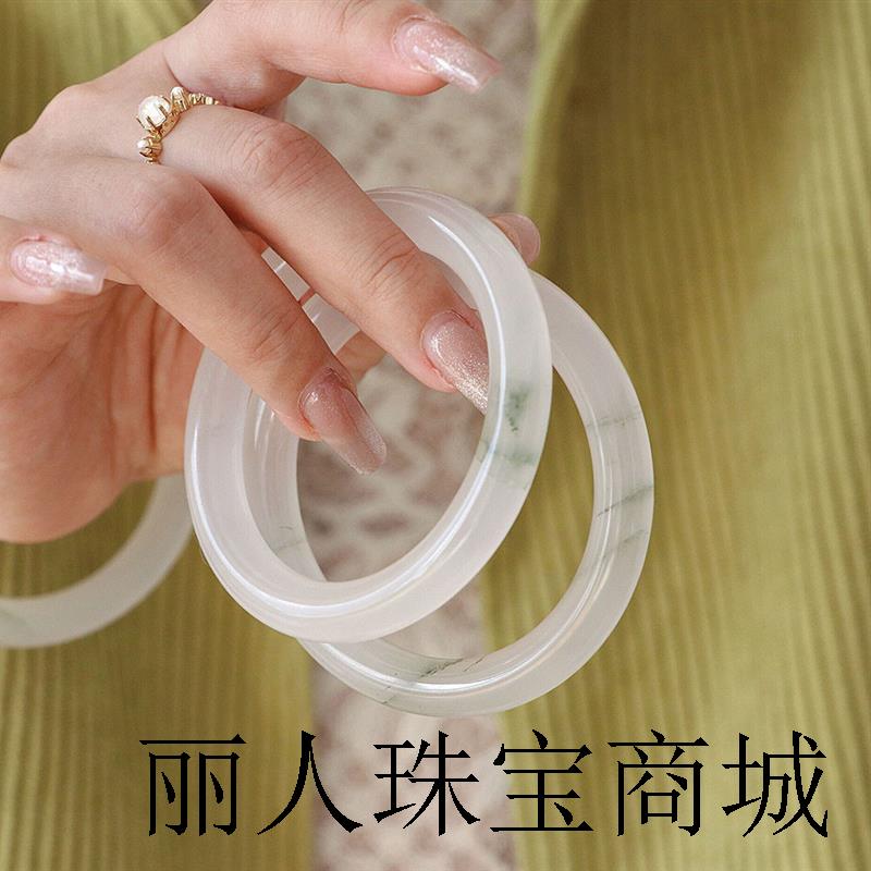水墨丹青新疆天山翠圆条手镯冰丝翠飘花古风少女款玉镯小圆条百搭